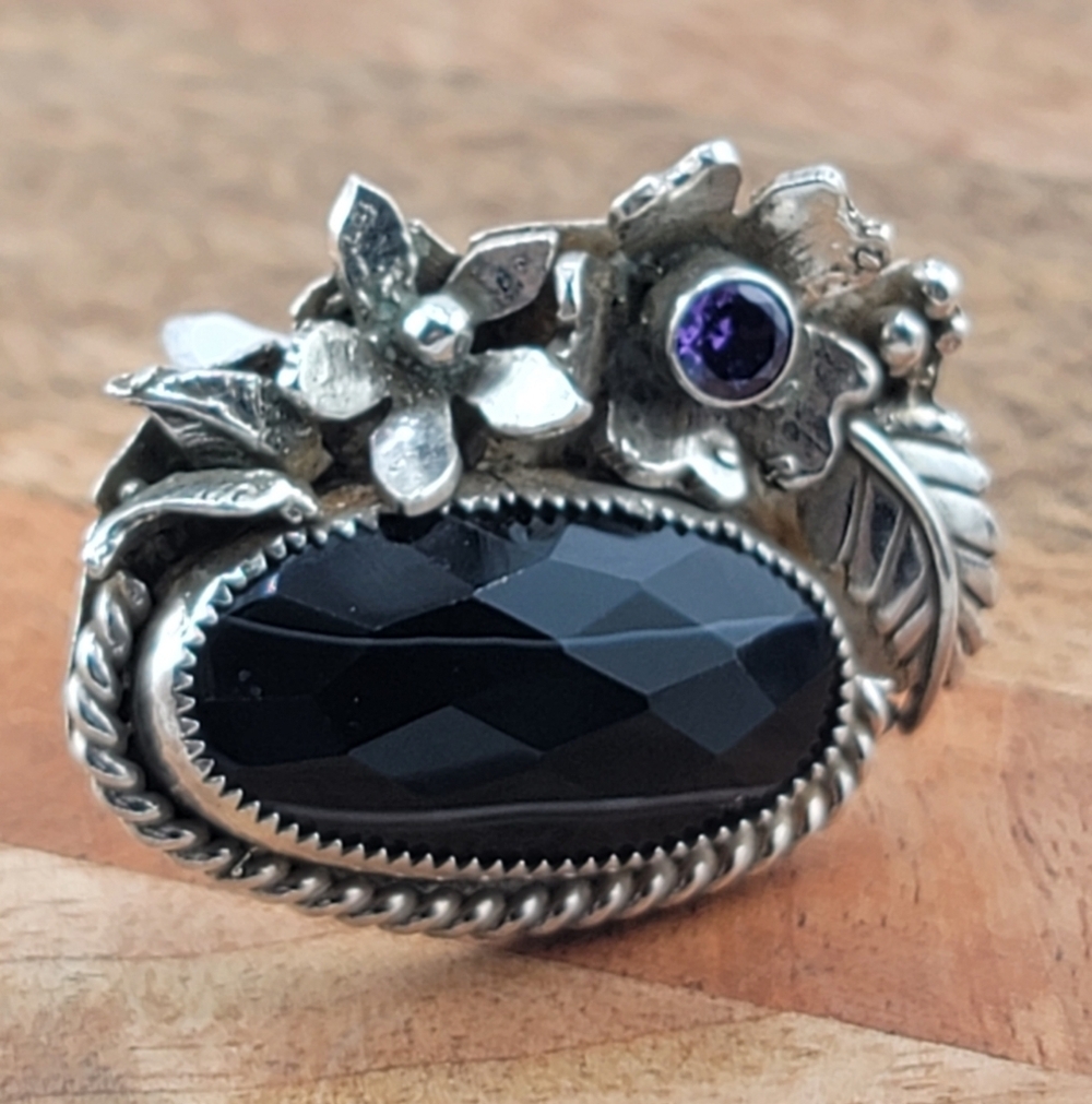 OBSIDIAN & AMETHYST CRYSTAL GARDEN FLOWER RING HANDMADE W/ RECYCLED METAL SZ 7 - Picture 6 of 8